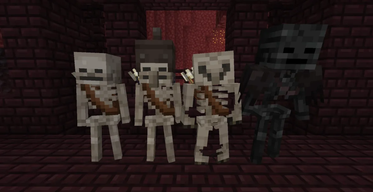 Squelettes Minecraft aux silhouettes variées regroupés devant une forteresse du Nether avec AL’s Skeletons Revamped