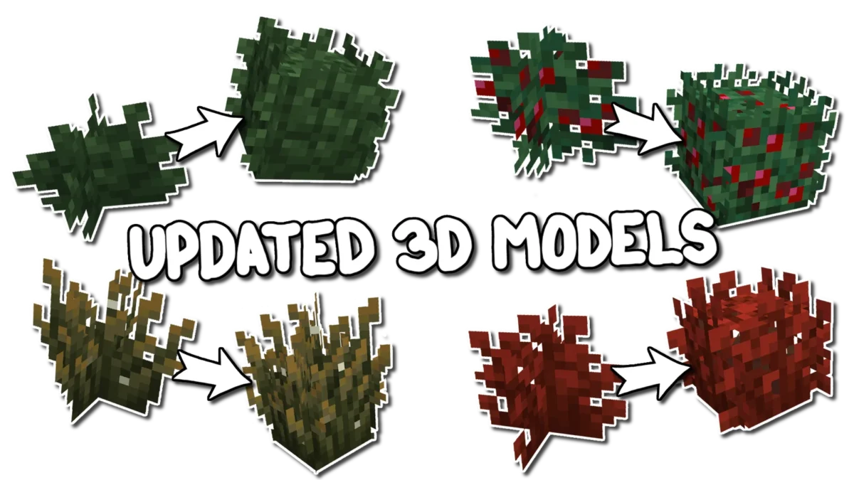 Planche officielle montrant les changements de silhouettes des buissons Minecraft avec les modèles du pack Bushier Bushes