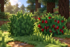 Bushier Bushes est un pack qui donne du volume aux buissons de Minecraft Deux buissons Minecraft aux modèles touffus, dont un arbuste à baies rouges, dans une forêt éclairée au soleil