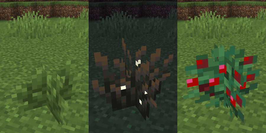 Buissons verts secs et arbustes à baies dans Minecraft comparés avec les modèles du pack Bushier Bushes