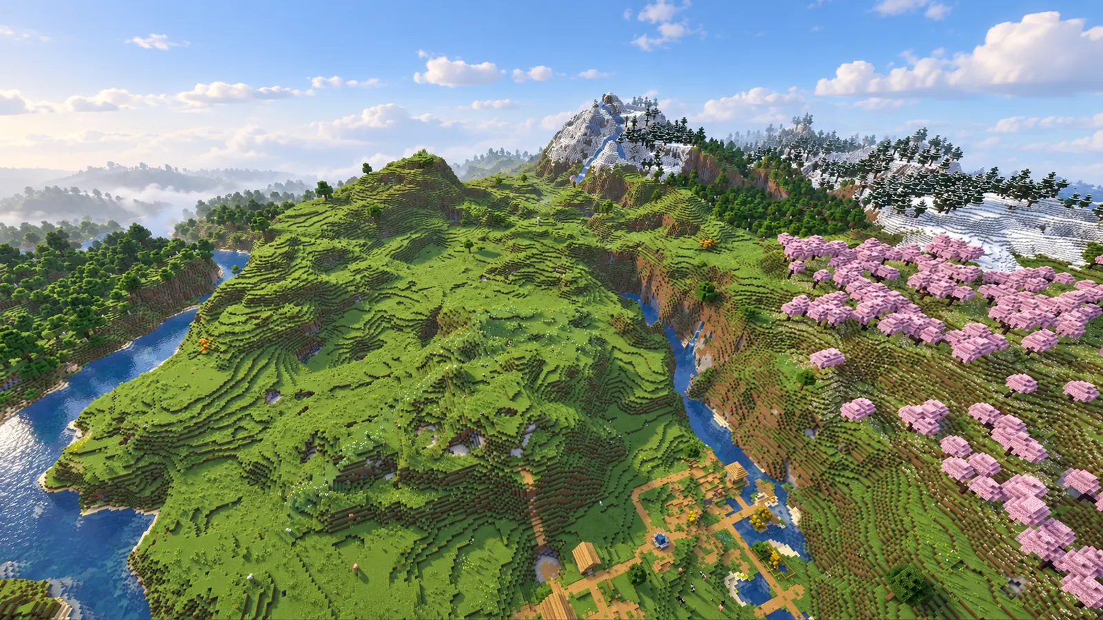 Grande plaine près d’un petit village avec rivière cerisiers roses et montagnes enneigées dans cette seed Minecraft