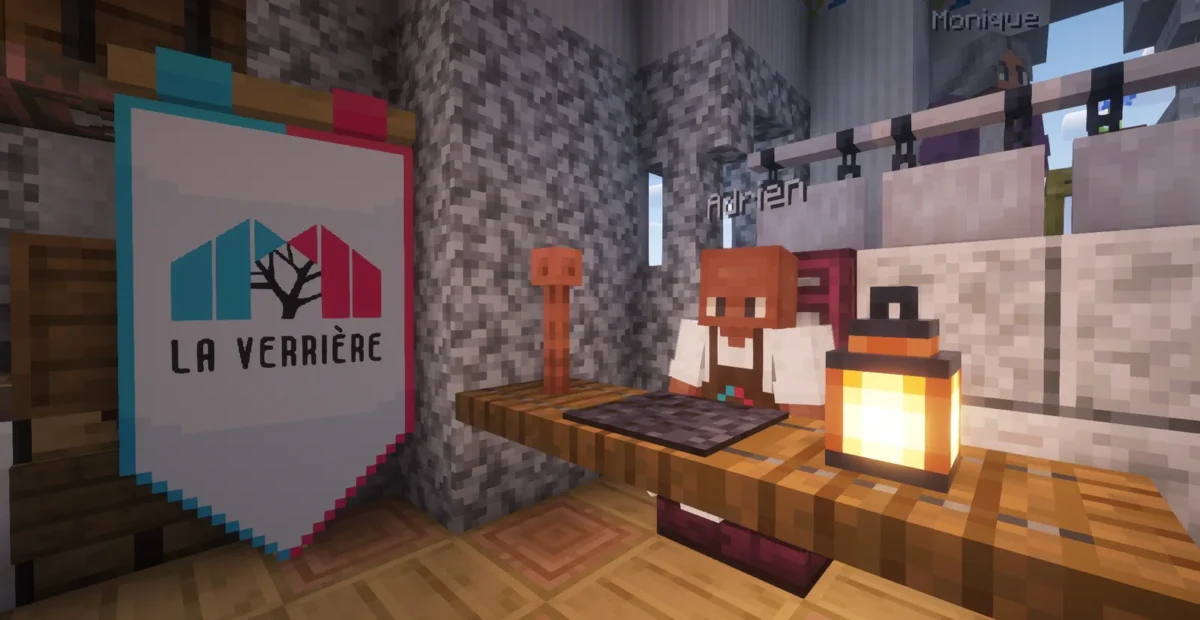 Le personnage d’Adrien derrière le comptoir de La Verrière dans la carte Minecraft de l’événement