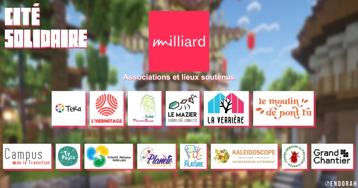 Logos des associations et lieux soutenus par la Cité Solidaire devant un décor de Minecraft