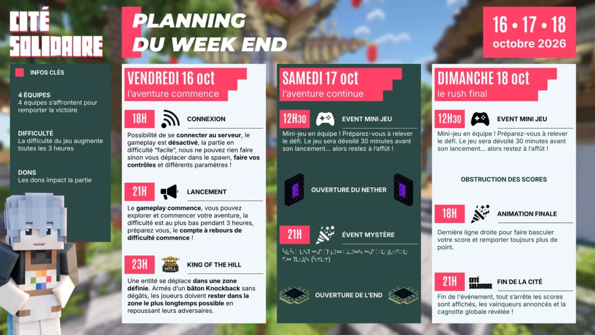 Planning officiel de la Cité Solidaire sur Minecraft avec les horaires du 16 au 18 octobre