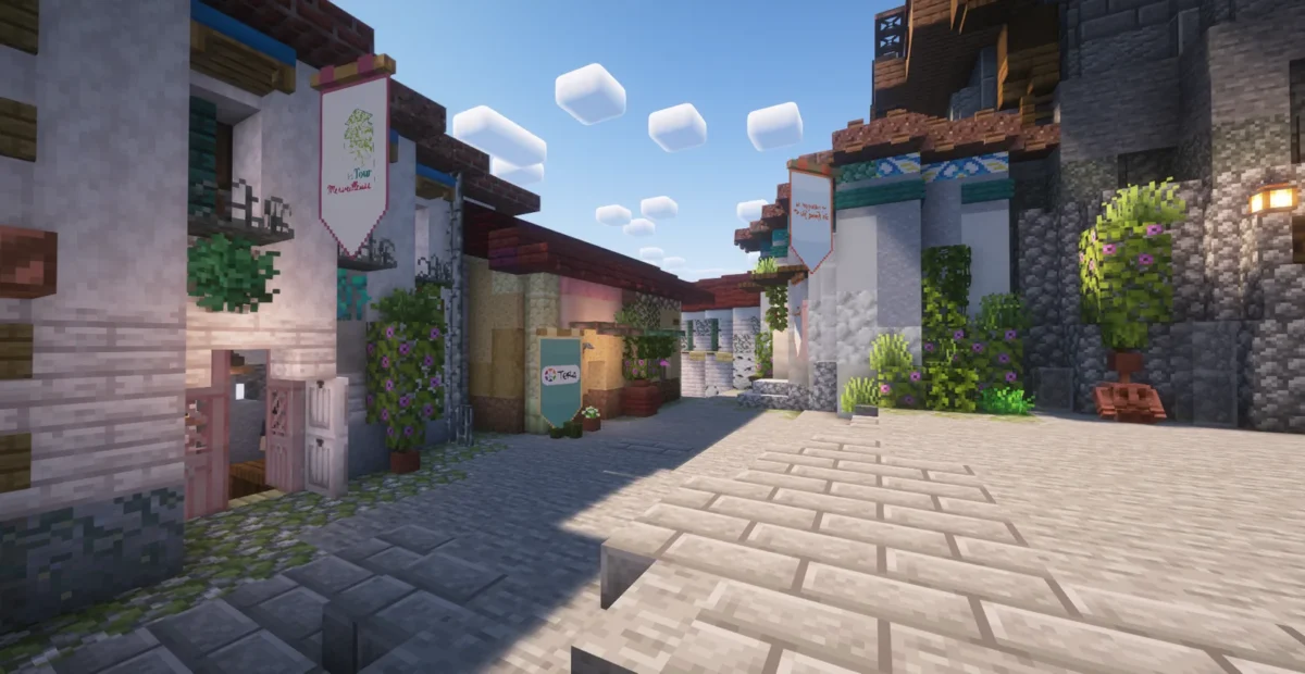Rue pavée bordée de bâtiments aux bannières associatives dans la carte Minecraft de la Cité Solidaire