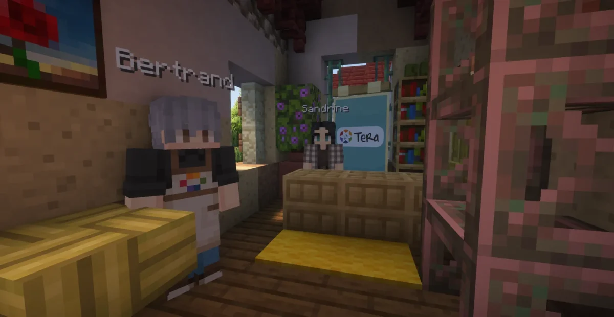 Le personnage de Bertrand devant une bannière TERA dans une boutique Minecraft de la Cité Solidaire