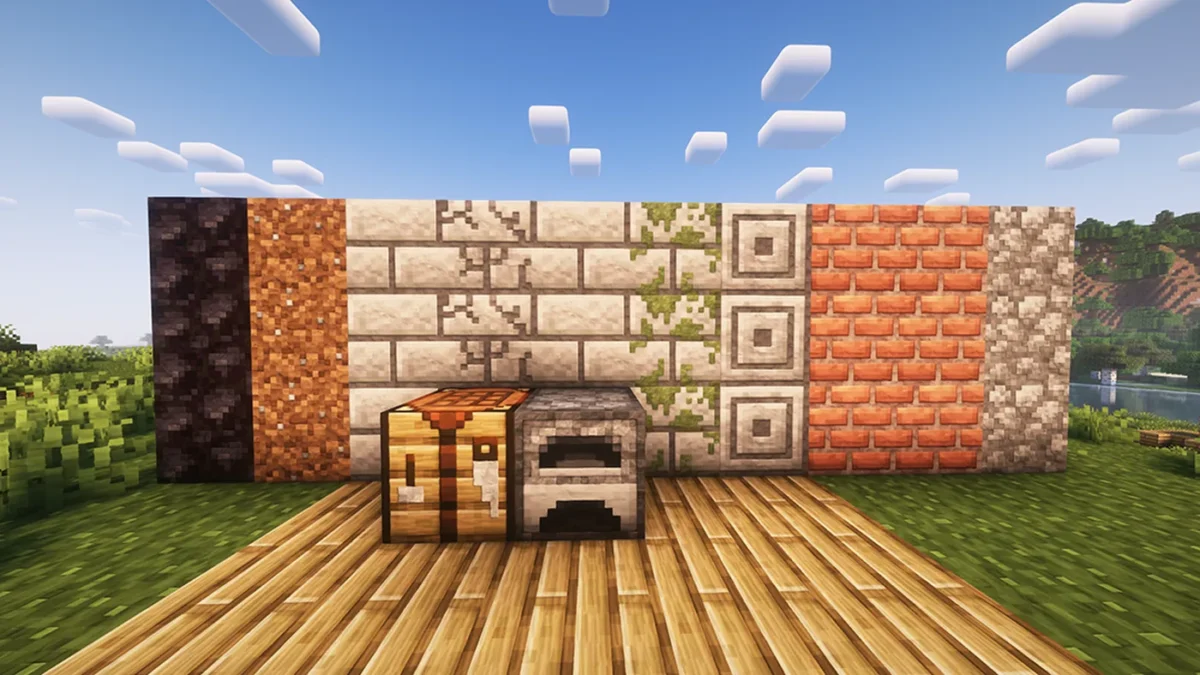 Blocs de construction et postes de travail Minecraft réunis pour montrer les surfaces sculptées du pack Clayful