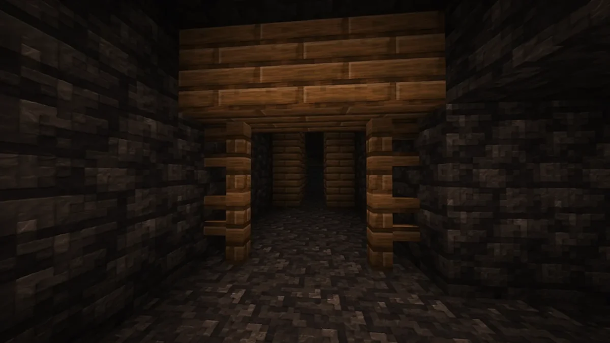 Galerie de mine Minecraft aux supports en bois et aux parois modelées avec le pack Clayful