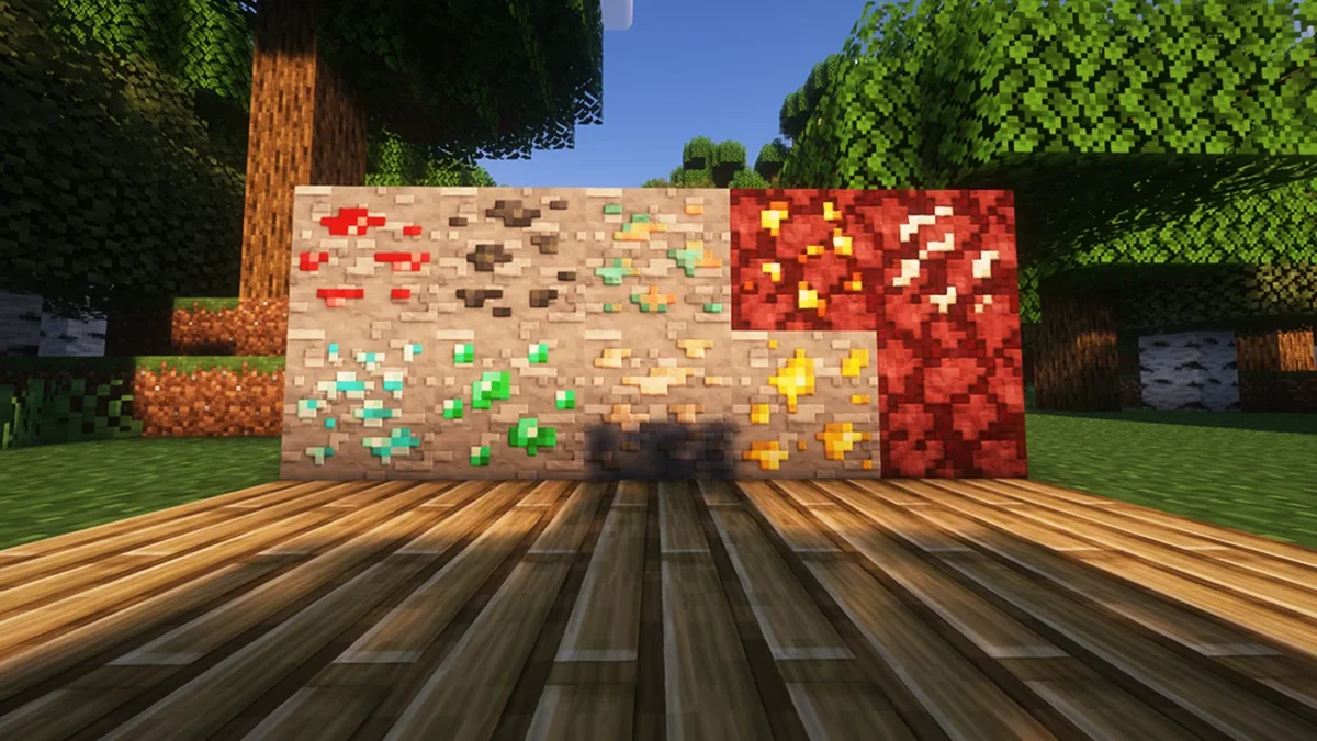 Présentation de plusieurs minerais Minecraft aux inclusions colorées sur une pierre claire avec le pack Clayful