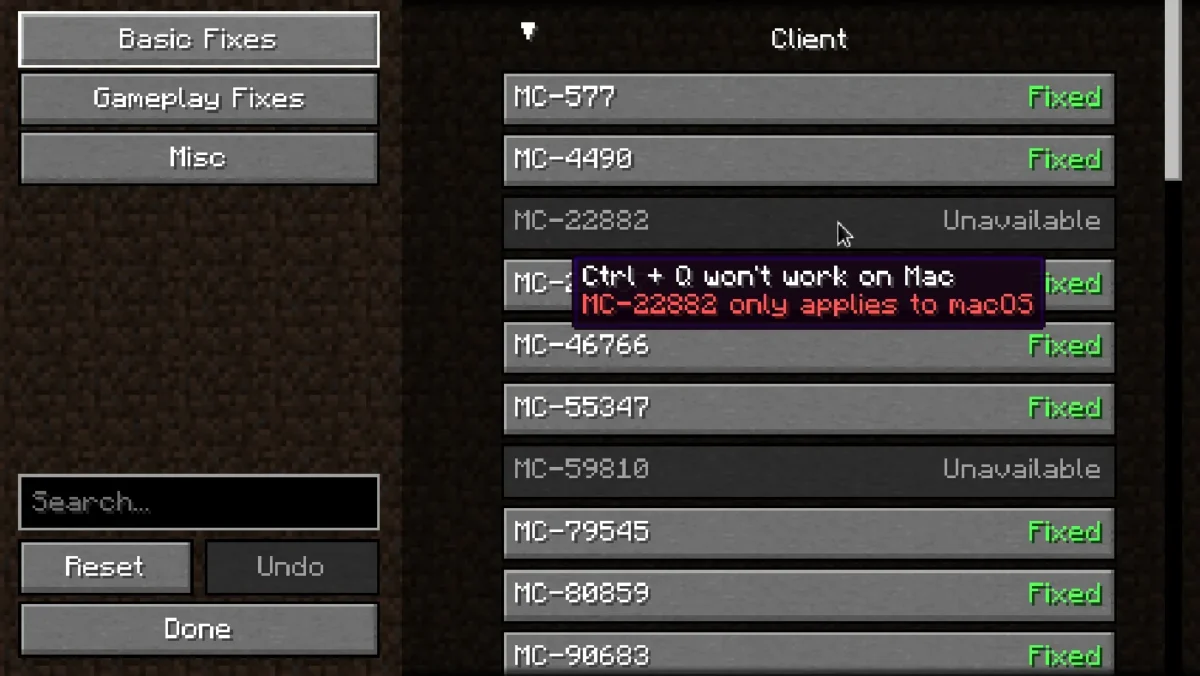 Menu de configuration Debugify dans Minecraft affichant une liste de correctifs identifiés par leurs numéros de bugs