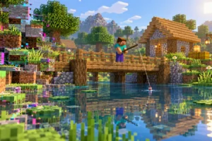 Debugify est un mod qui corrige des bugs de Minecraft avec des réglages individuels Illustration conceptuelle de Debugify avec Steve pêchant dans un village Minecraft et des anomalies graphiques sur un côté