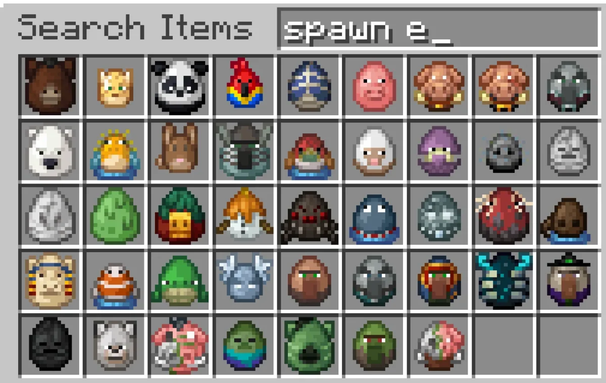 Deuxième page d’œufs d’apparition Minecraft montrant les regards ajoutés aux icônes par le pack Eggs N Eyes