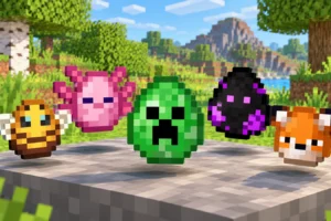 Eggs N Eyes est un pack qui ajoute des yeux aux œufs d’apparition dans Minecraft Cinq icônes d’œufs d’apparition Minecraft avec des yeux sont présentées au-dessus d’une dalle dans une clairière