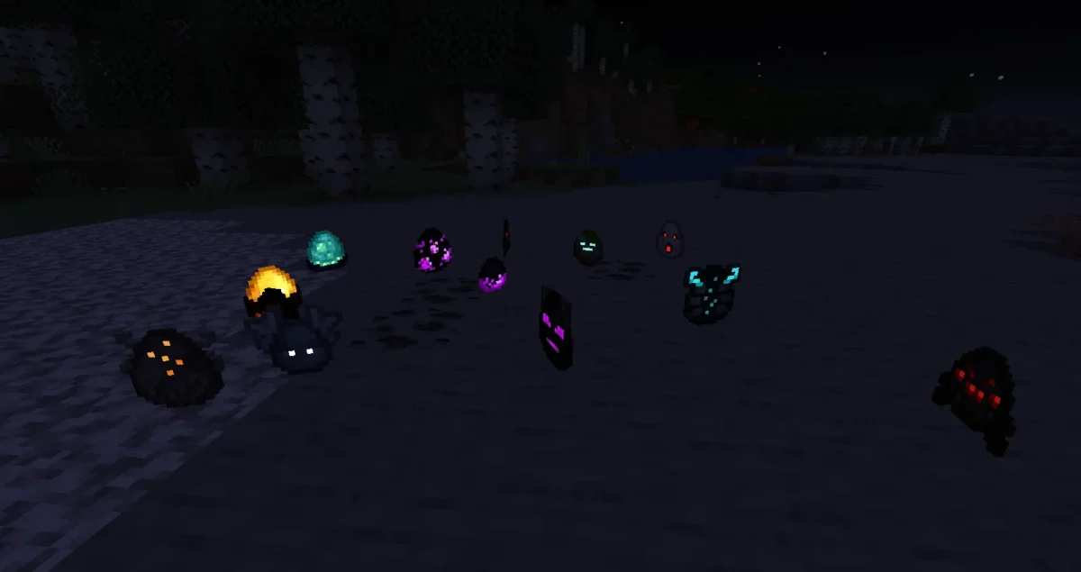 Œufs d’apparition Minecraft posés au sol dans l’obscurité illustrant la variante émissive du pack Eggs N Eyes