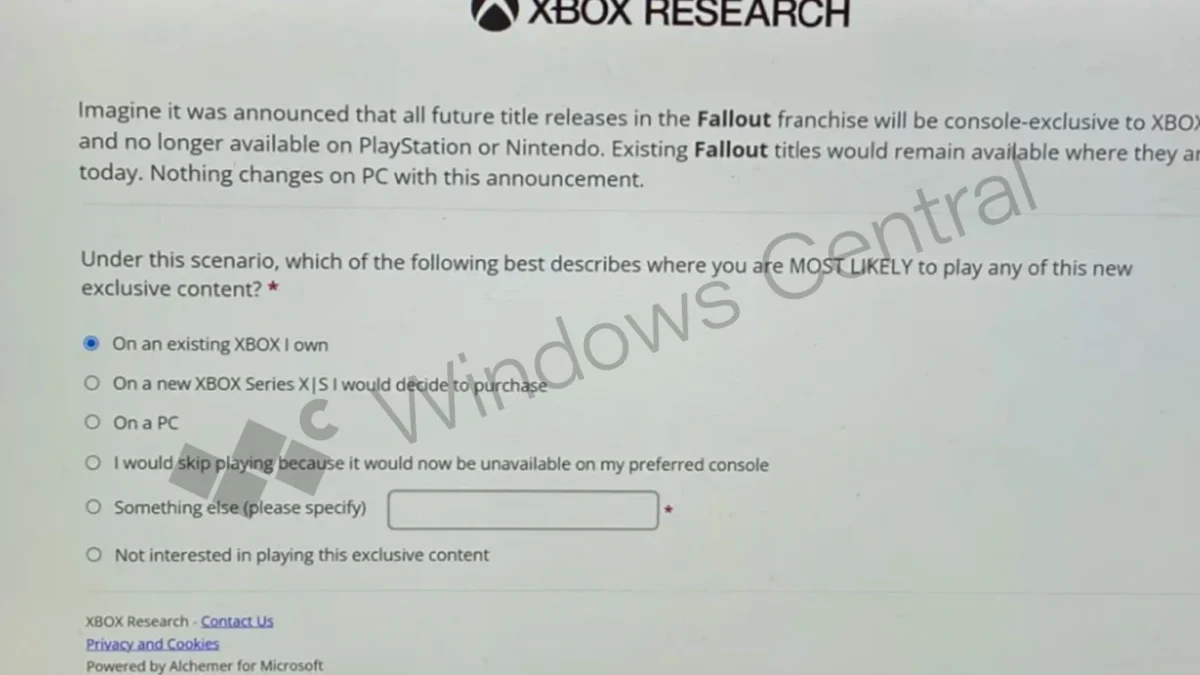 Questionnaire Xbox Research demandant où jouer aux futurs Fallout s’ils devenaient exclusifs aux consoles Xbox