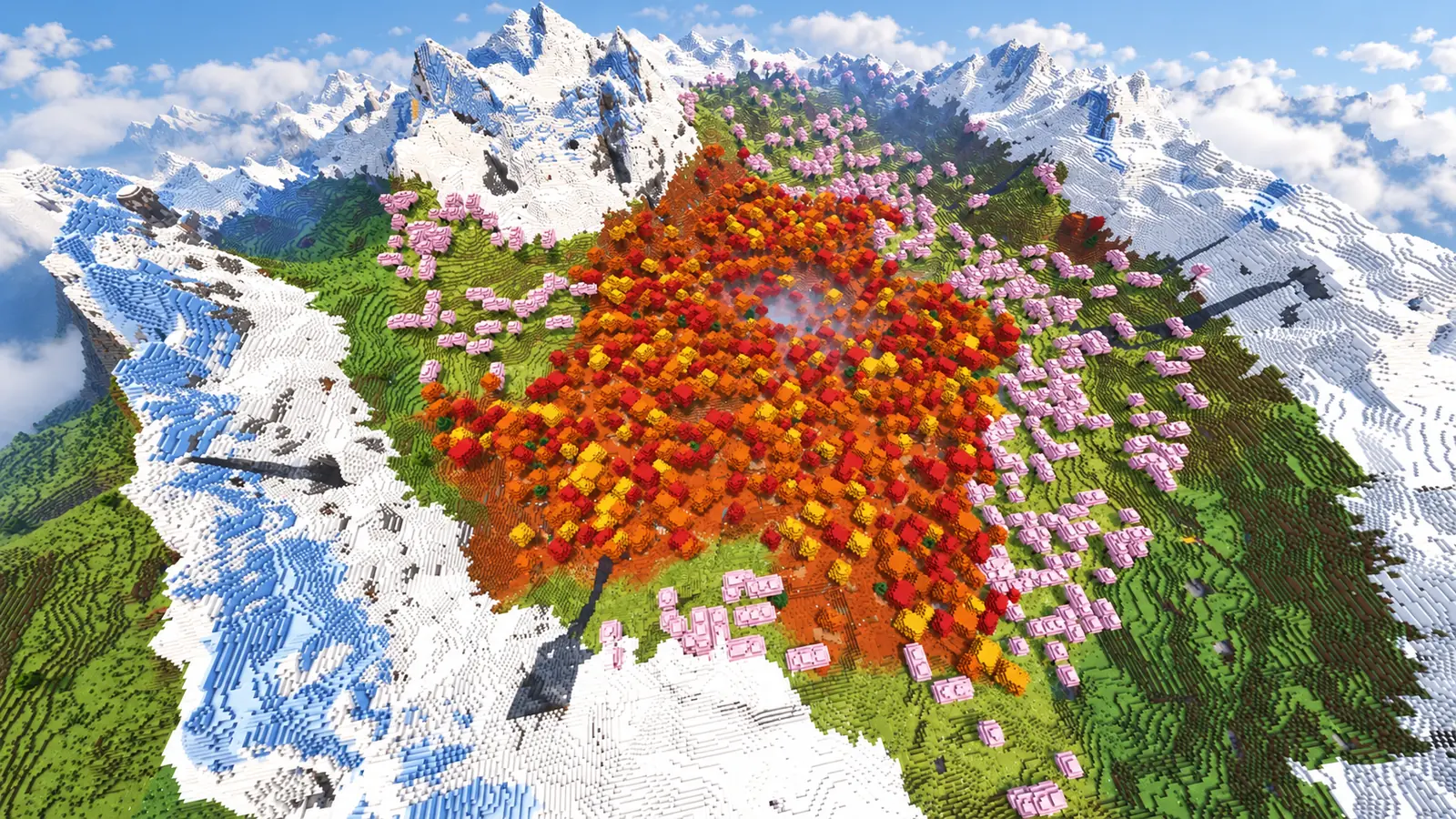Forêt tachetée rouge orange et jaune entourée de cerisiers roses dans un cirque fermé de montagnes enneigées
