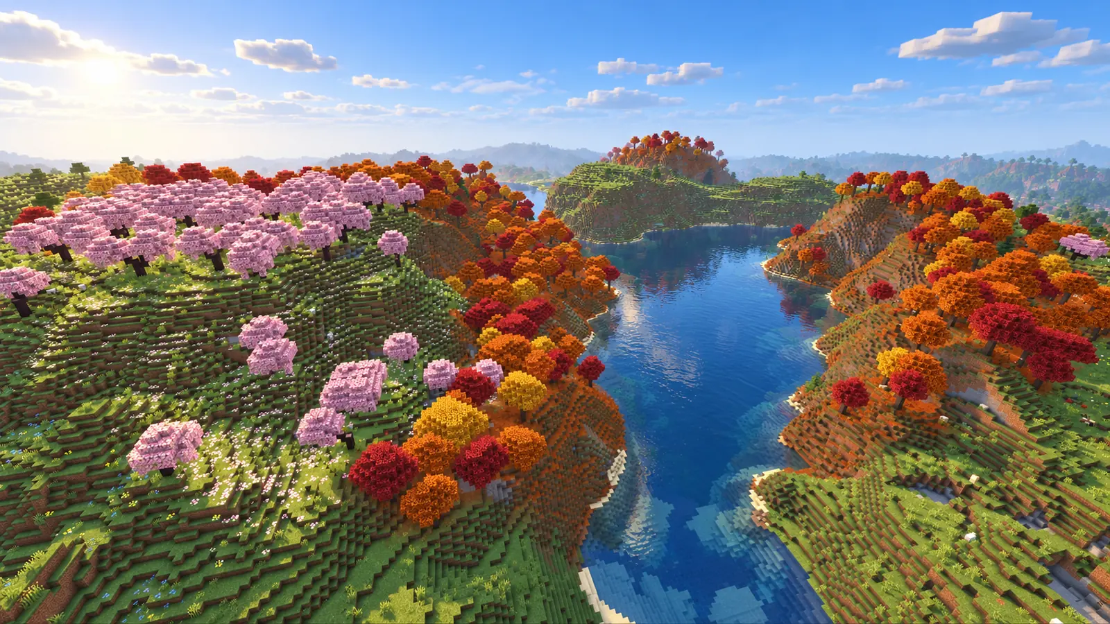 Lac bordé de cerisiers roses et de forêt tachetée aux feuillages automnaux dans cette seed Minecraft