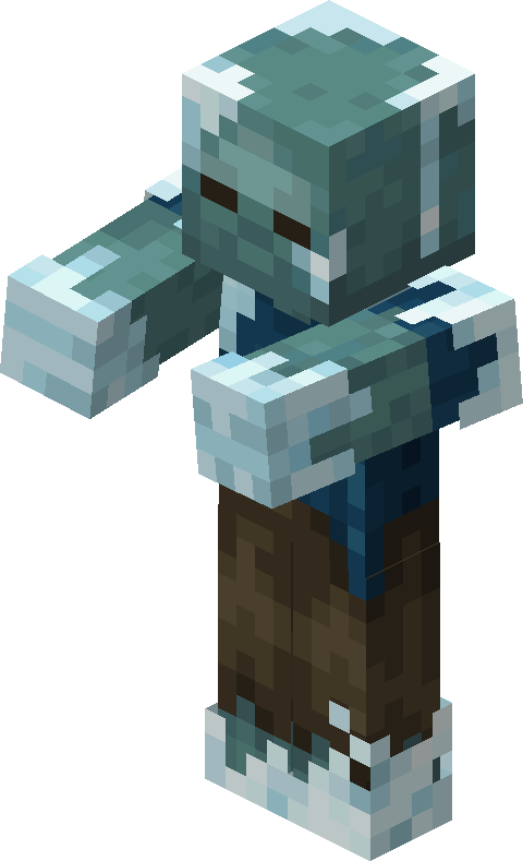 Gelé adulte dans Minecraft, avec une peau recouverte de glace, les bras tendus et des vêtements bleus et bruns