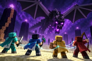 Quatre agents Gemini battent le dragon de Minecraft en 27 heures après 605 morts Quatre personnages Minecraft reliés par des traits lumineux affrontent l’Ender Dragon dans une illustration générée par IA