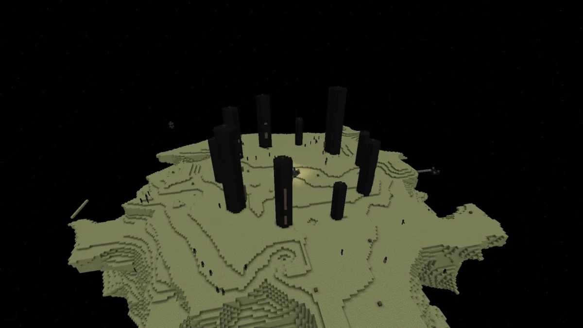 Île de l’End et piliers d’obsidienne après la victoire des quatre agents Gemini dans leur monde Minecraft