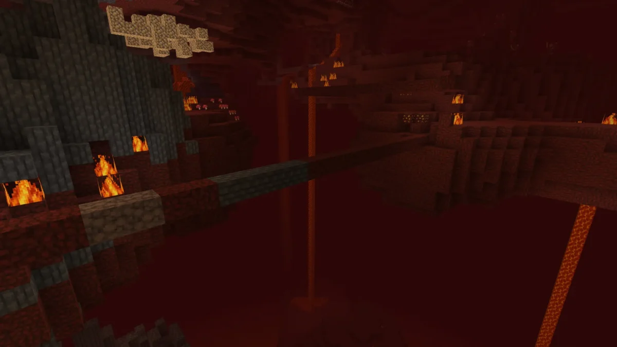Pont construit par les agents Gemini au dessus d’un lac de lave du Nether dans Minecraft