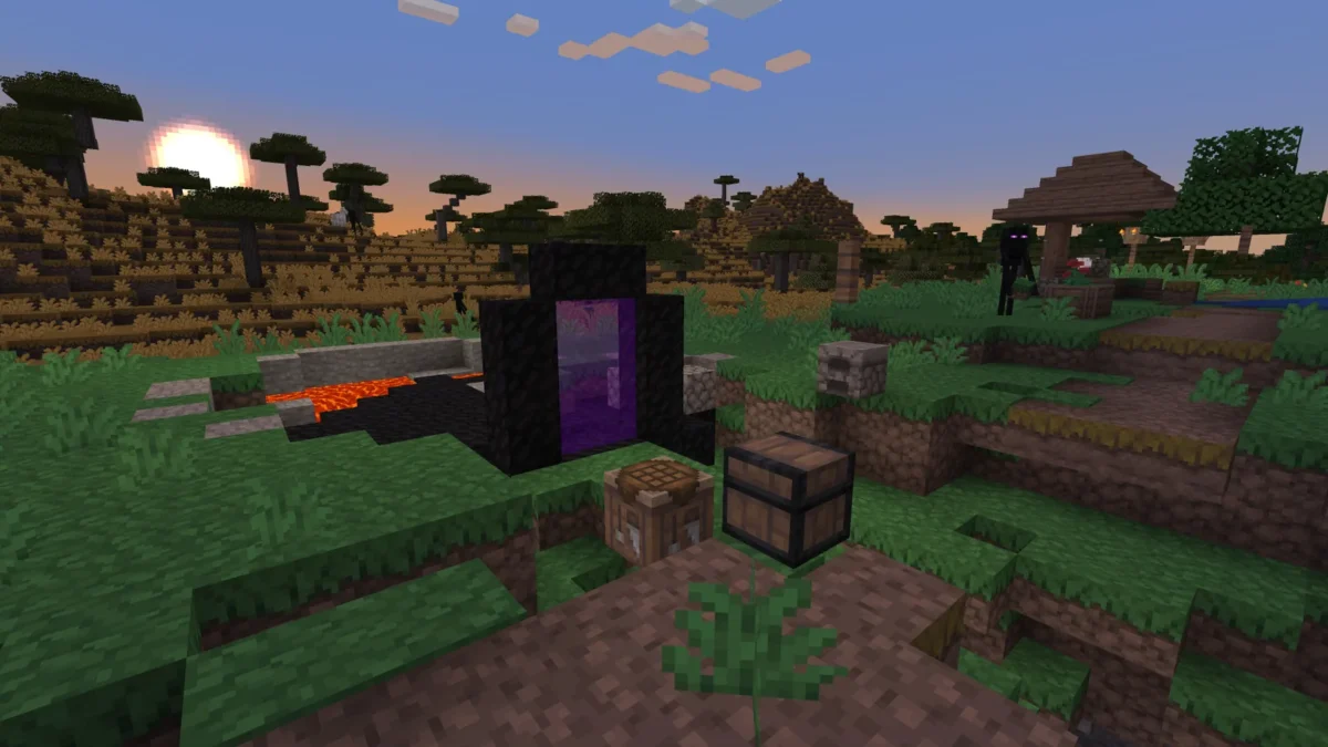 Portail du Nether construit près du village par les agents Gemini pendant leur partie de Minecraft