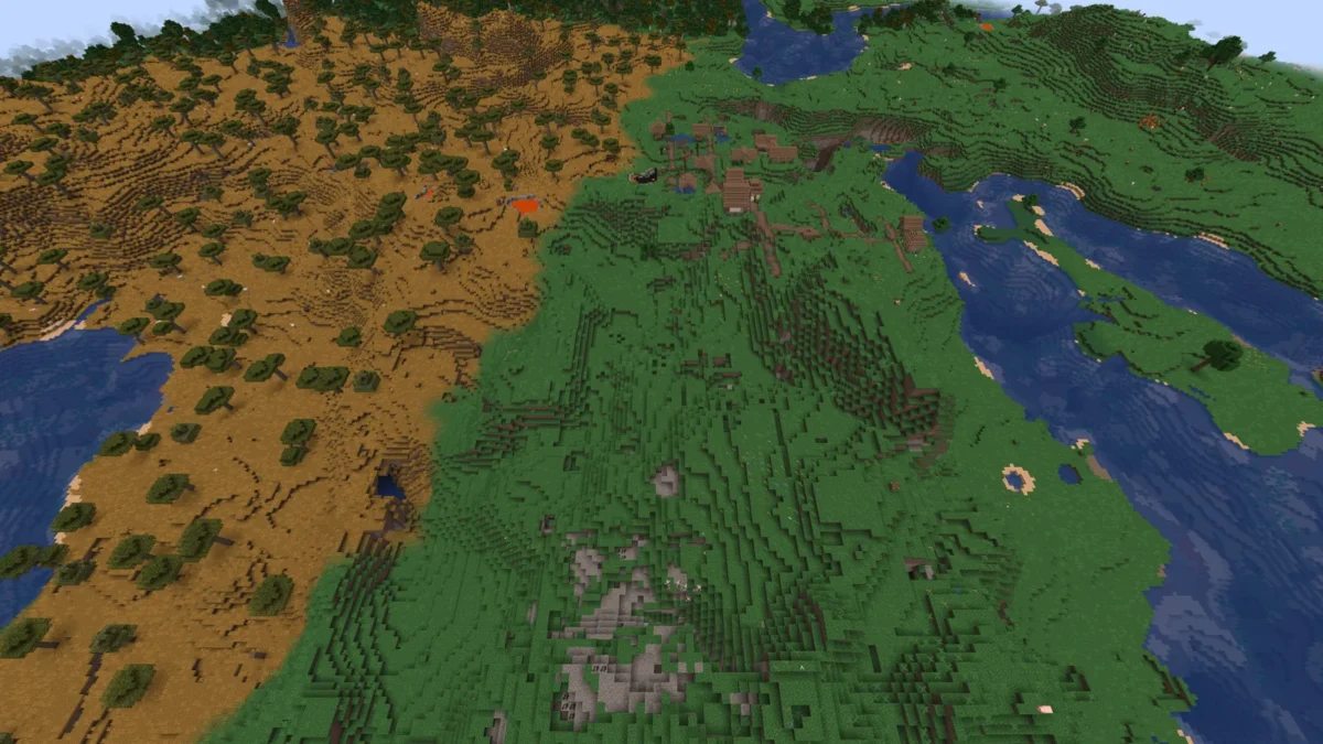 Vue aérienne du village et des paysages du monde Minecraft où les quatre agents Gemini commencent leur tentative