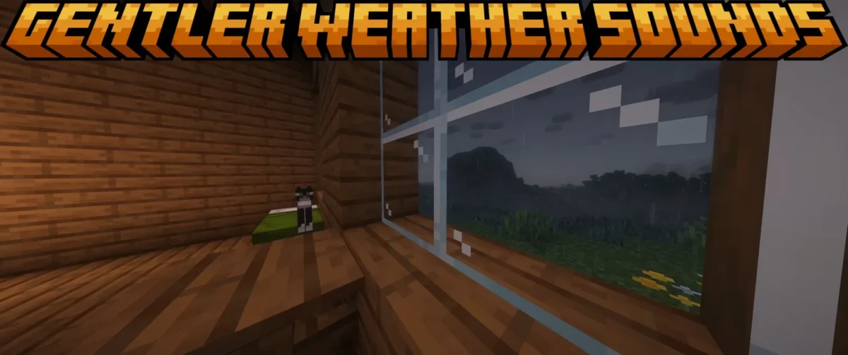 Chat installé sur un lit dans une maison Minecraft pendant la pluie avec Gentler Weather Sounds