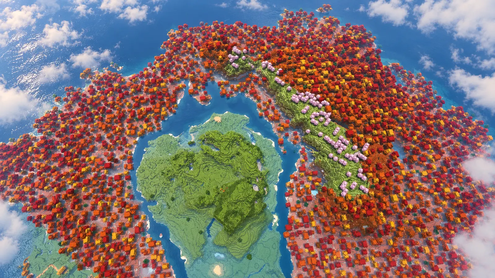 Grande île verdoyante entourée d’eau et de forêt tachetée rouge et orange avec une crête de cerisiers roses