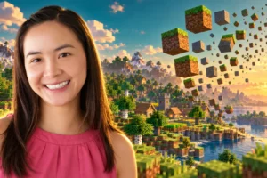 Helen Chiang, ancienne dirigeante de Minecraft, quitte Microsoft trois mois après sa promotion chez Xbox Portrait d’Helen Chiang devant un paysage Minecraft dont les blocs s’envolent dans une composition illustrant son départ