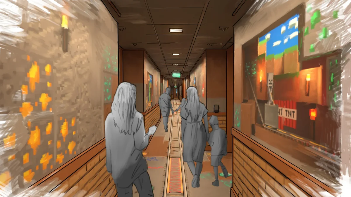 Illustration d’un couloir du Minecraft World Hotel inspiré des galeries minières, avec minerais, torches et blocs de TNT