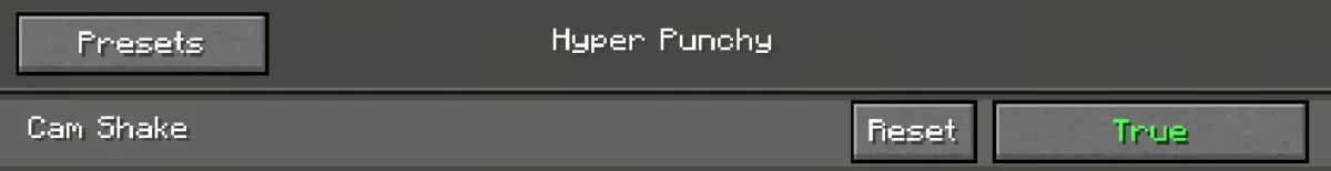 Option Cam Shake affichée dans le menu du pack Hyper Punchy pour régler les mouvements de caméra Minecraft
