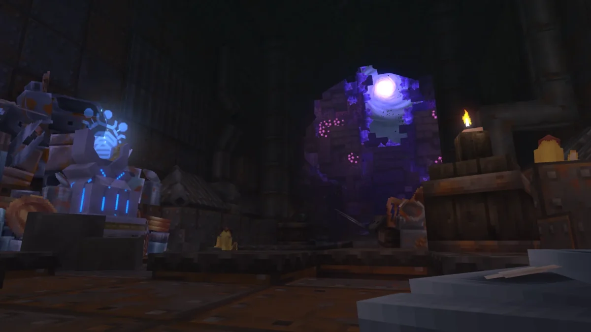 Salle sombre du donjon Deepworks éclairée par une lumière violette et un dispositif runique dans Hytale