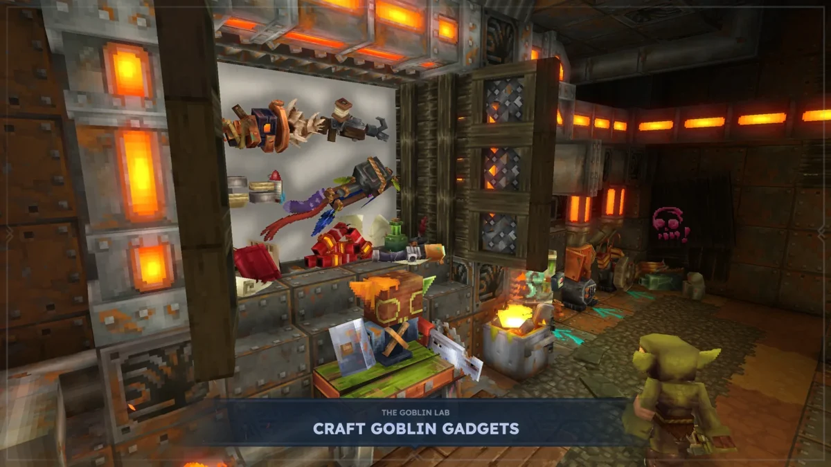 Atelier de fabrication des gadgets gobelins avec établis et équipements dans le premier chapitre de Hytale