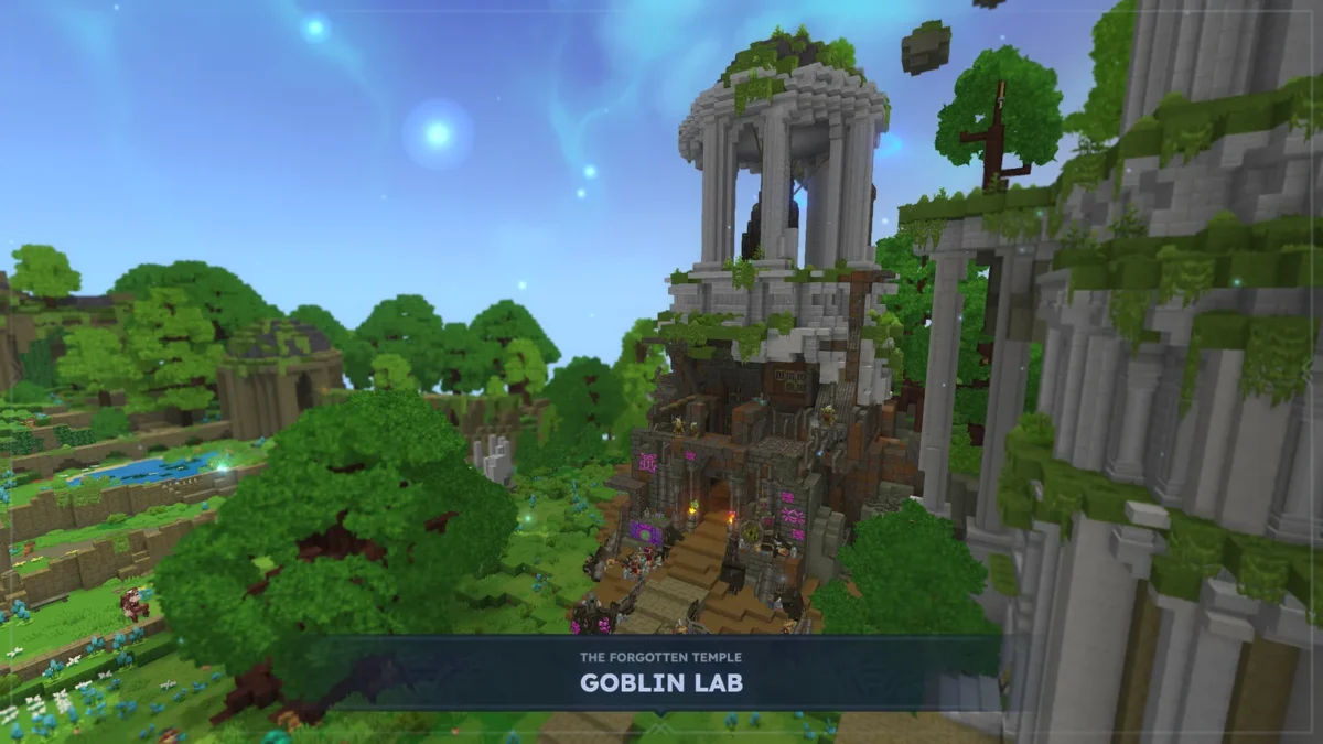 Entrée du laboratoire gobelin installé dans les ruines végétalisées du Temple oublié dans Hytale