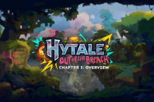 Hytale lance son Chapitre I avec un premier donjon et le français Illustration officielle de Hytale Out of the Breach avec son logo devant un paysage verdoyant