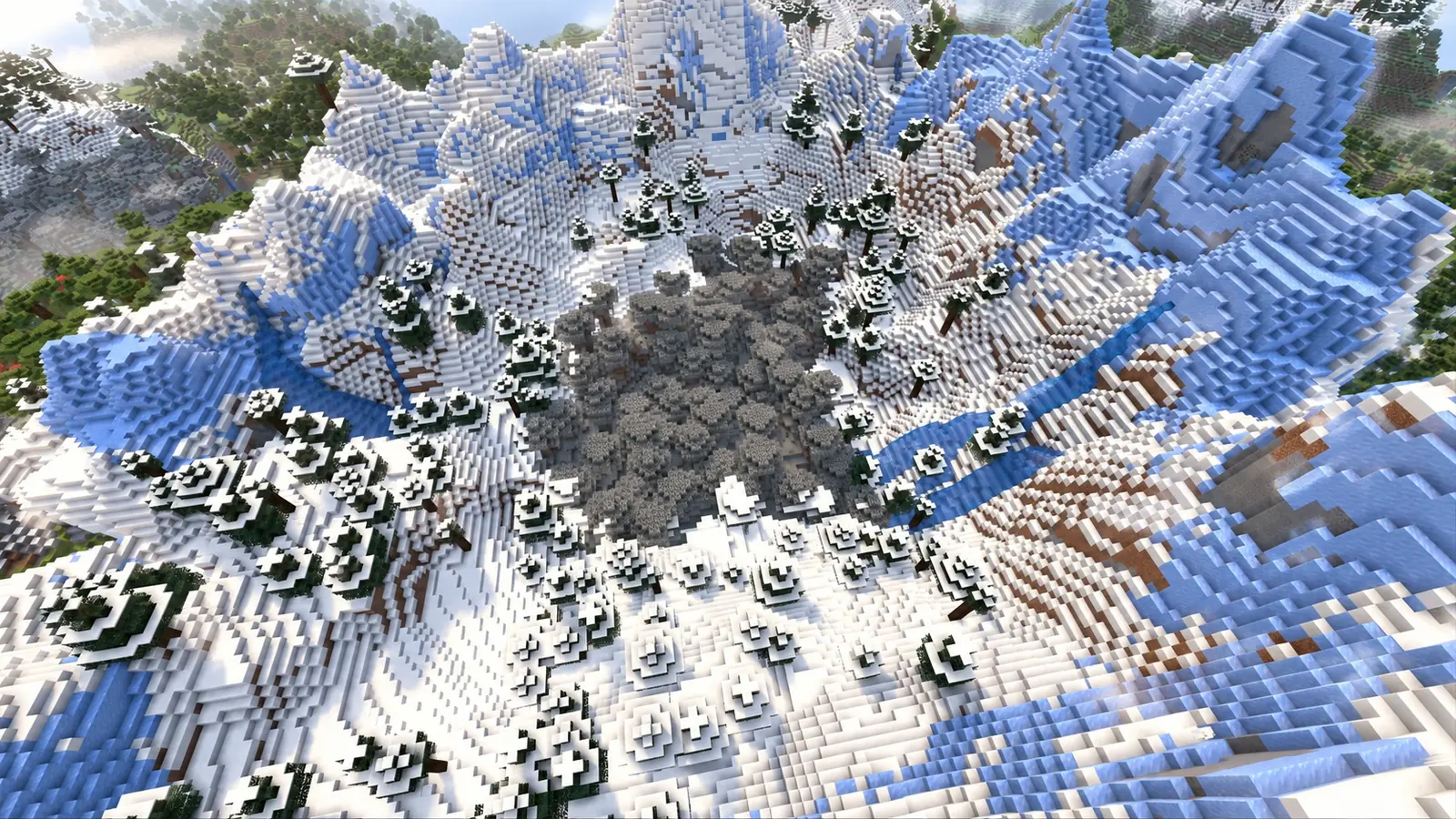 Jardin pâle gris entouré de pics enneigés et de sapins dans la seed Minecraft 3142798719109966445