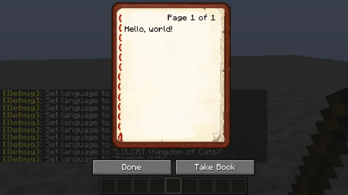 Texte de livre Minecraft affiché dans une langue sélectionnée pendant la démonstration du raccourci de Language Reload