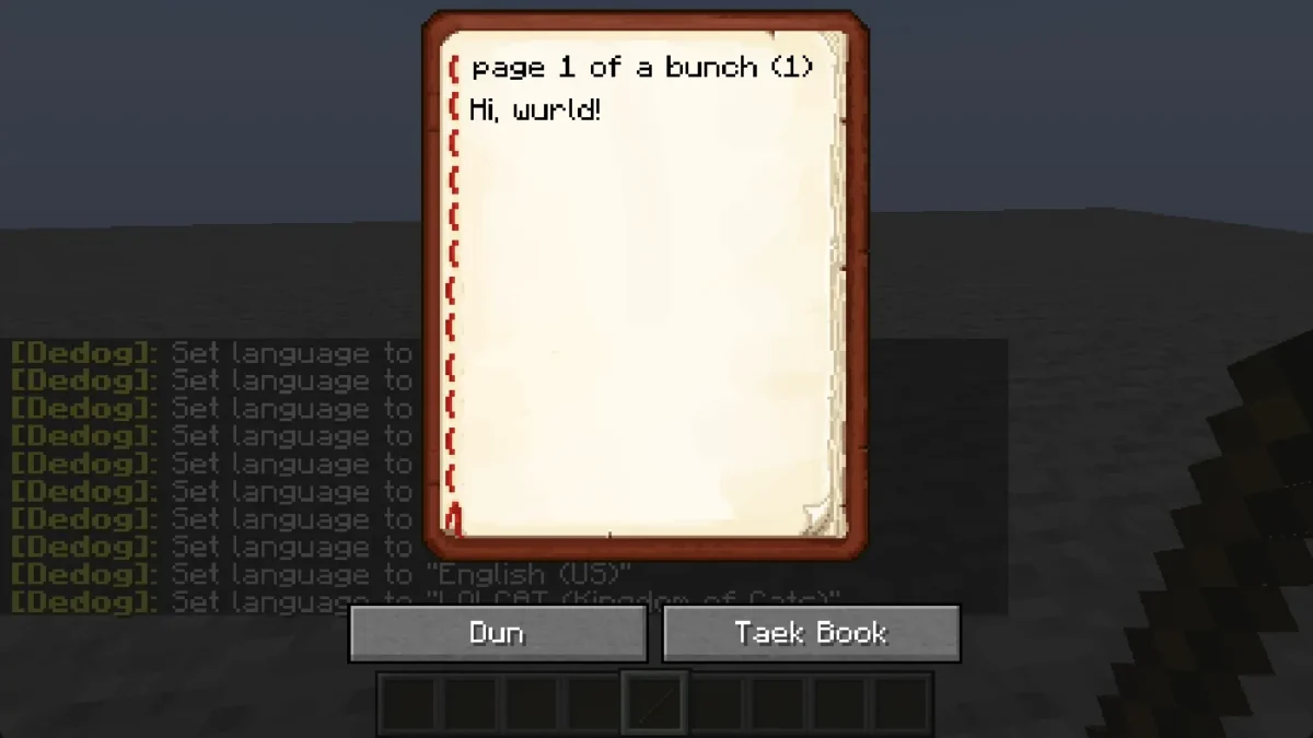 Texte de livre Minecraft affiché dans une langue sélectionnée pendant la démonstration du raccourci de Language Reload