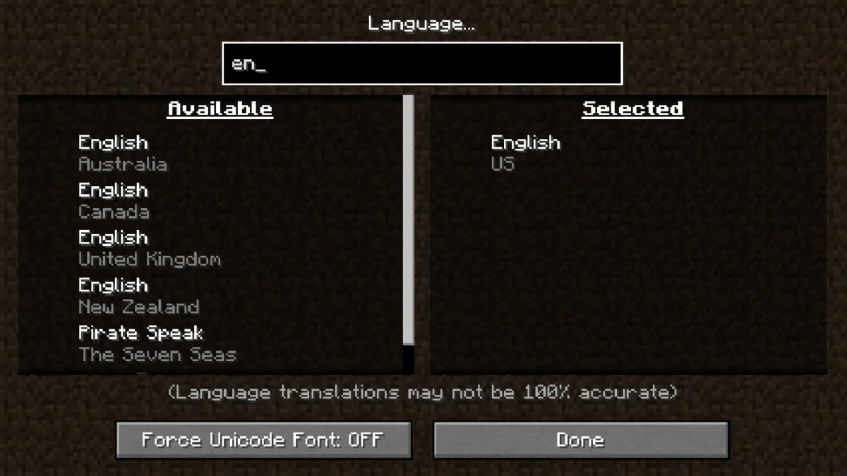 Champ de recherche du menu des langues Minecraft filtrant la liste avec le mod Language Reload