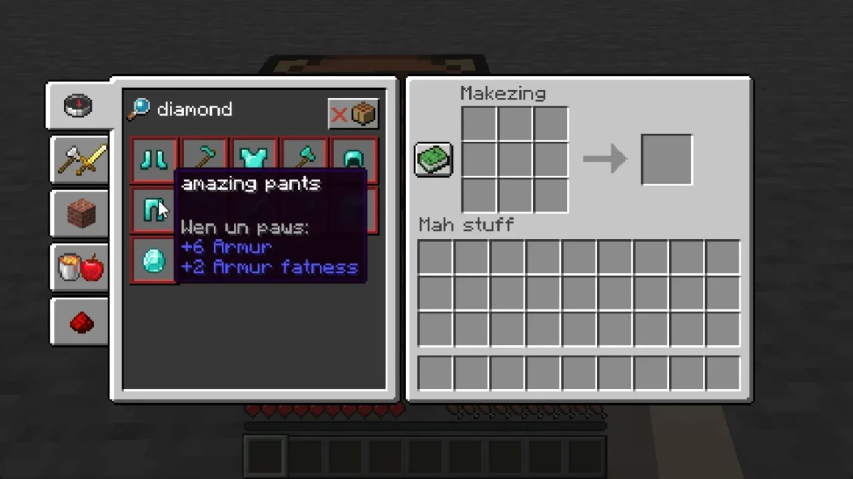 Recherche d’objets dans l’inventaire créatif Minecraft avec plusieurs langues actives grâce au mod Language Reload