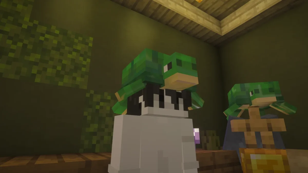 Personnage et porte-armure Minecraft portant le casque transformé en petite tortue verte par le pack Lively Turtle Helmet