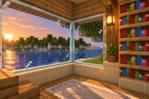 Midnighttigger’s Default Connected Textures est un pack qui raccorde les matériaux de Minecraft avec Fusion Bibliothèque Minecraft avec une grande baie vitrée aux textures connectées donnant sur une rivière au coucher du soleil