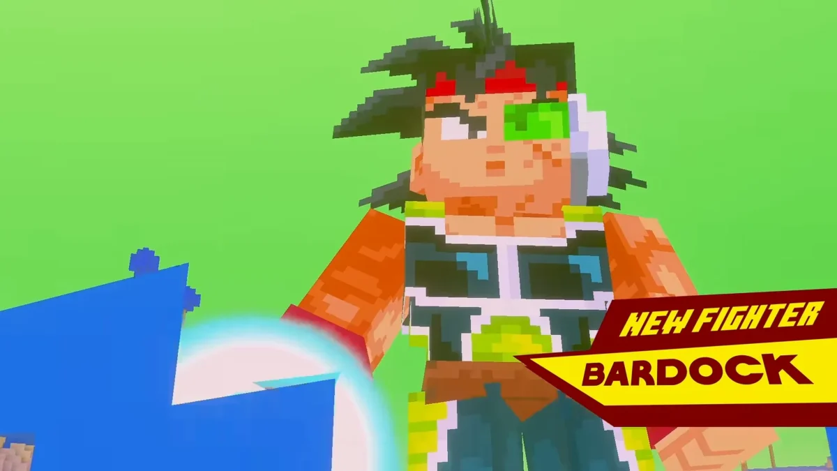 Bardock porte son armure verte et son bandeau rouge dans la bande-annonce Dragon Ball Z de Minecraft