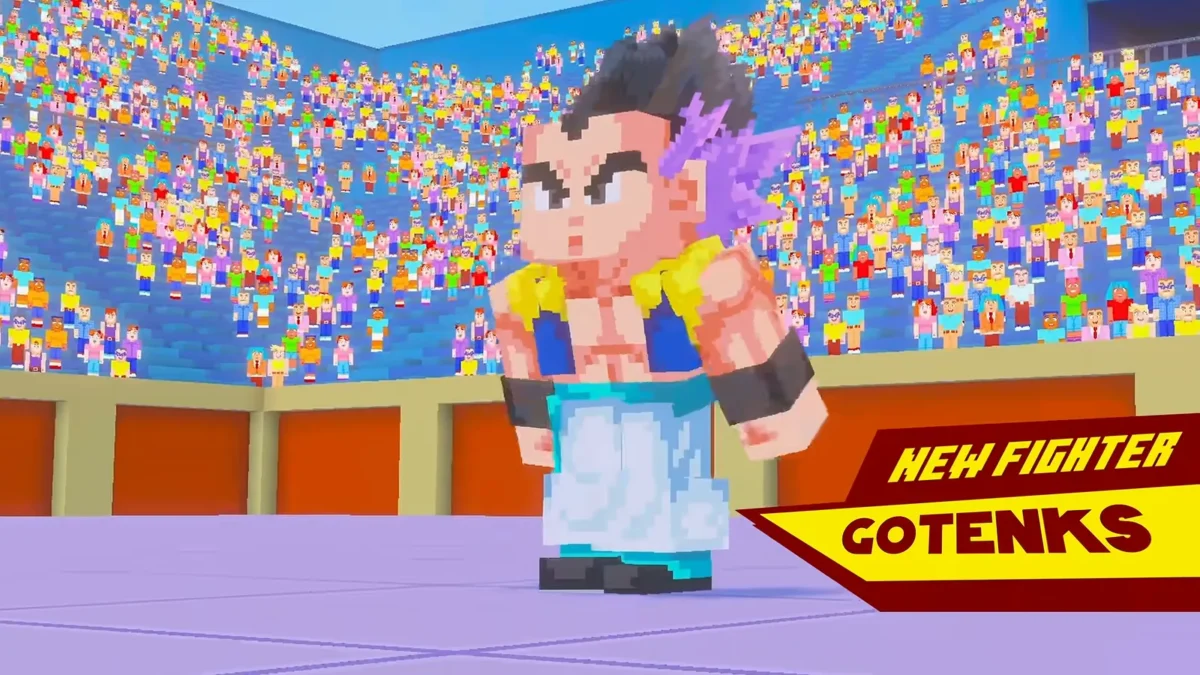 Gotenks apparaît dans une arène remplie de spectateurs pendant la bande-annonce Dragon Ball Z de Minecraft