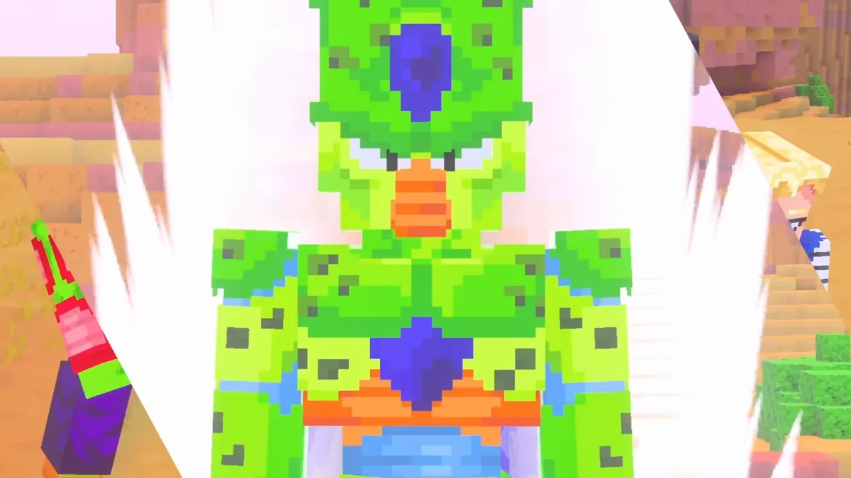 Cell entouré d’une aura lumineuse pendant une séquence de combat du DLC Dragon Ball Z dans Minecraft