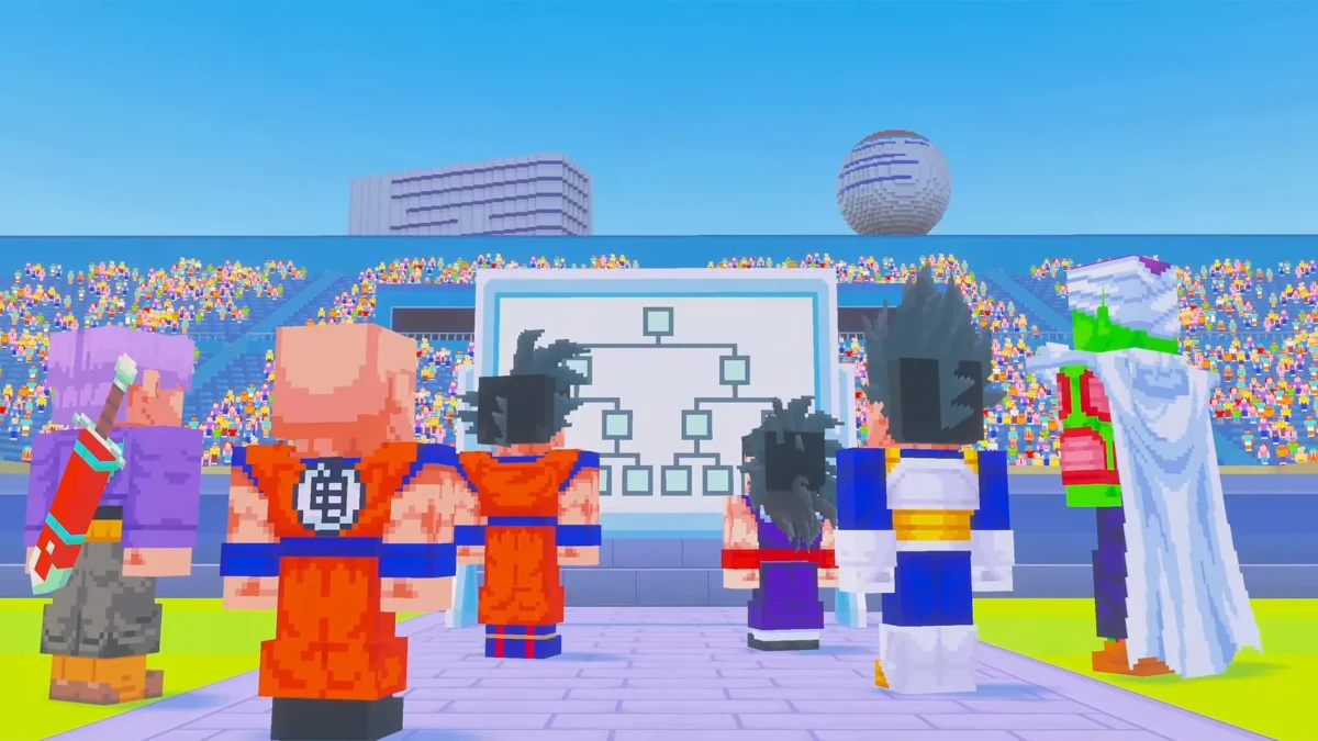 Personnages de Dragon Ball Z réunis devant un tableau de tournoi dans une arène du DLC Minecraft