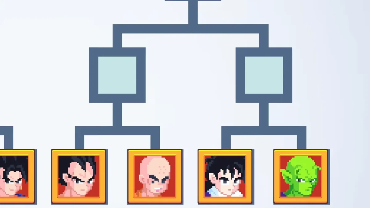 Tableau de tournoi avec portraits des combattants et branches de qualification dans le DLC Dragon Ball Z Minecraft