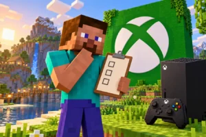 Minecraft exclusif sur console chez Xbox, le scénario apparaît dans un sondage Steve examine un questionnaire devant le logo Xbox, avec une console et une manette dans Minecraft