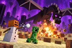 Minecraft bat son dragon sans aide après près de deux milliards d’années simulées Illustration Minecraft du dragon de l’End face à un golem de neige et un Creeper près d’une explosion